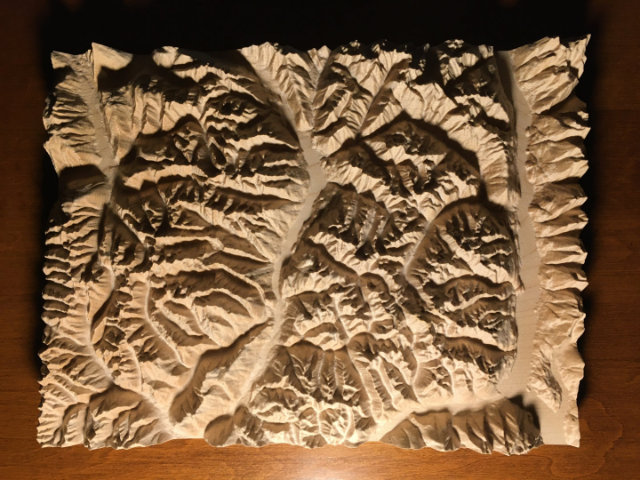 preview of three-dimensional wood-carved relief map of the mountains of Valhalla & Kokanee Glacier, British Columbia, Canada