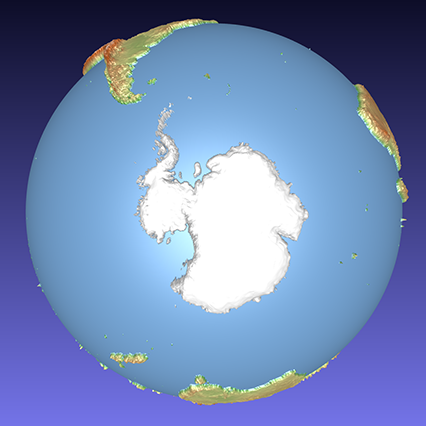 coloured computer model of a 3D relief globe showing the Antarctic