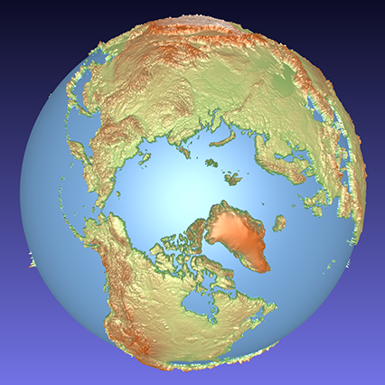 coloured computer model of a 3D relief globe showing the Arctic