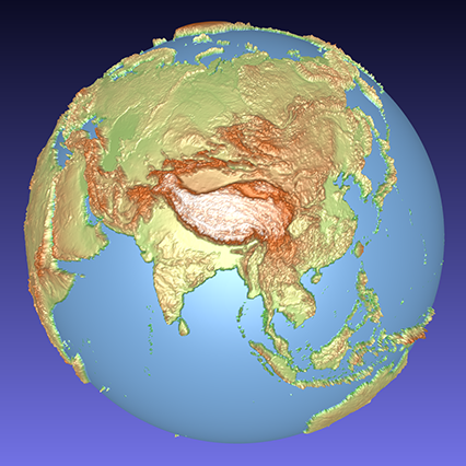 coloured computer model of a 3D relief globe showing Asia