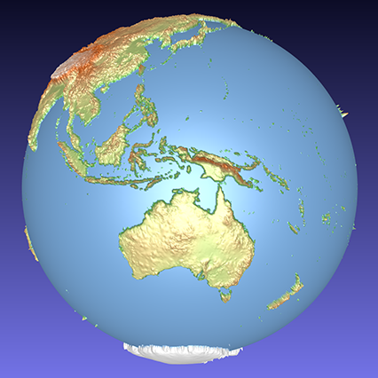 coloured computer model of a 3D relief globe showing Australia and surrounding islands
