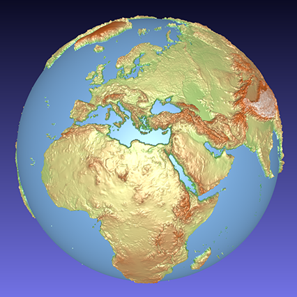 coloured computer model of a 3D relief globe showing Europe and Africa