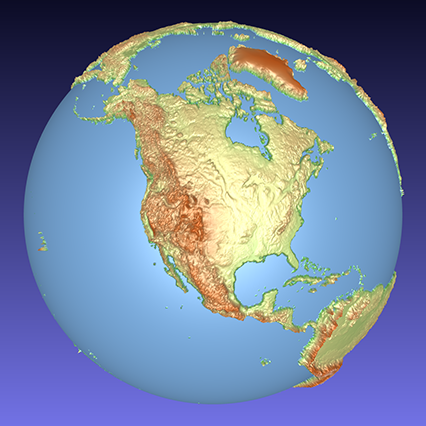 coloured computer model of a 3D relief globe showing North America