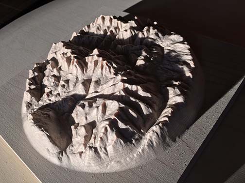 3D relief map of the Rossland Range, carved out of wood
