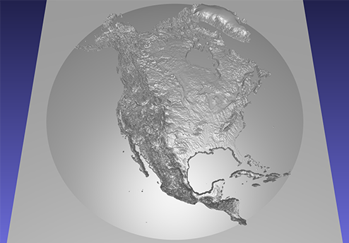 computer model of a 3D relief map of North America, on a dome