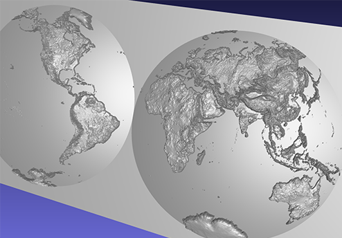 computer model of a 3D relief map of the world, using the Nicolosi projection, on a double dome