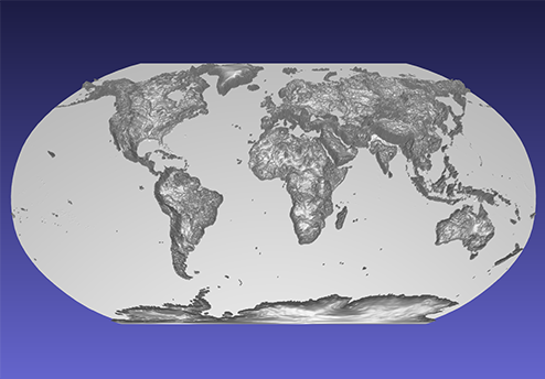 computer model of a 3D relief map of the world, using the Robinson projection