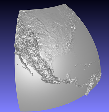 computer model of a piece of a 3D relief globe showing parts of North and Central America