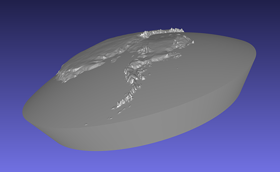 computer model of a piece of a 3D relief globe showing the Antarctic