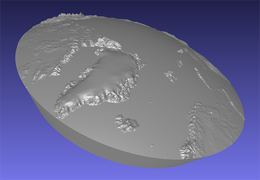 computer model of a piece of a 3D relief globe showing the Arctic