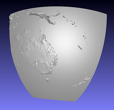 computer model of a piece of a 3D relief globe showing parts of Australia and surrounding islands