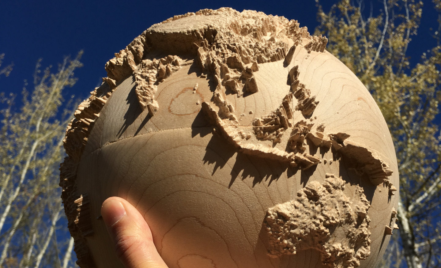 fully three-dimensional 9-inch wood-carved terrestrial relief globe