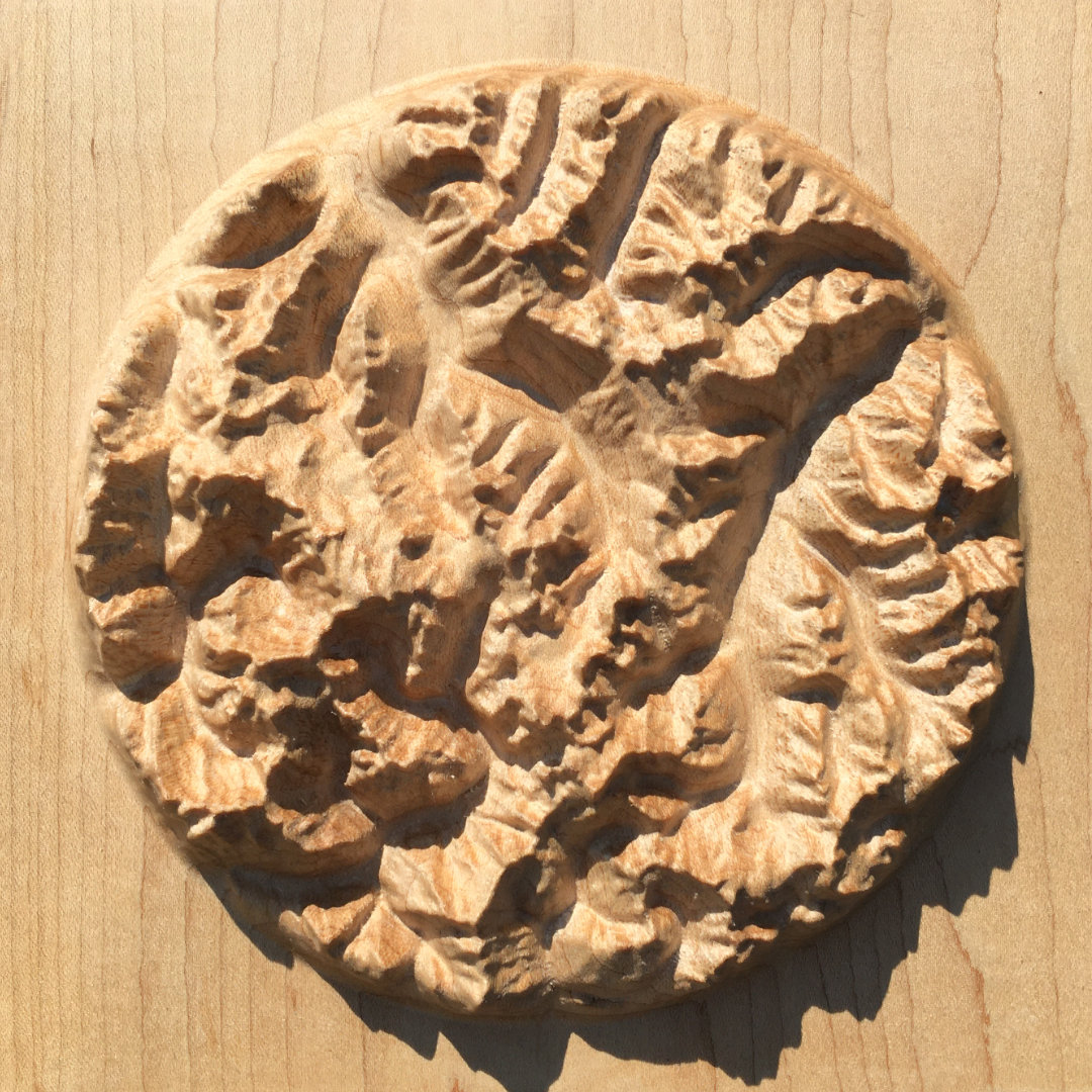 overview of three-dimensional wood-carved relief map of the Bugaboos in the Purcell Mountains, British Columbia, Canada