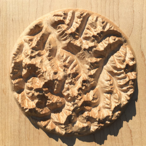 preview of three-dimensional wood-carved relief map of the Bugaboos in the Purcell Mountains, British Columbia, Canada