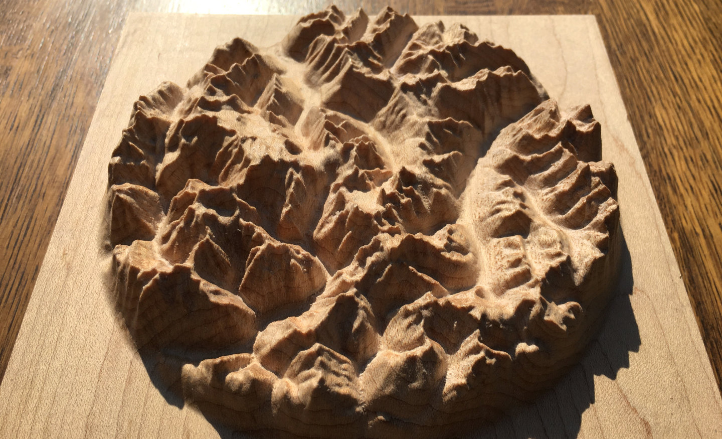 three-dimensional wood-carved relief map of the Bugaboos in the Purcell Mountains, British Columbia, Canada