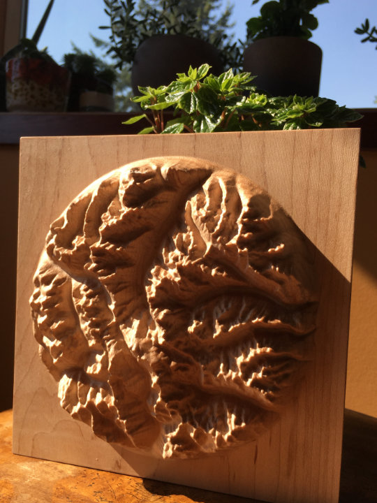 detail of three-dimensional wood-carved relief map of the mountains around Kokanee Glacier in the Kootenays, British Columbia, Canada