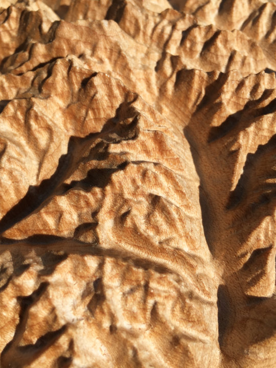 detail of three-dimensional wood-carved relief map of the mountains around Kokanee Glacier in the Kootenays, British Columbia, Canada