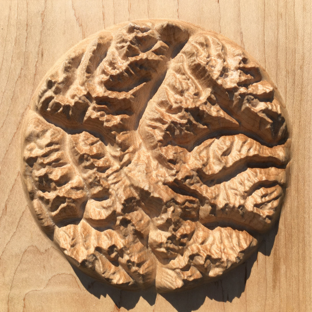 overview of three-dimensional wood-carved relief map of the mountains around Kokanee Glacier in the Kootenays, British Columbia, Canada