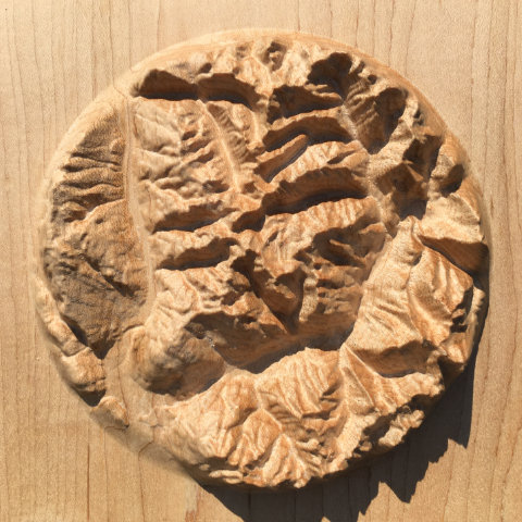 preview of three-dimensional wood-carved relief map of the mountains around Mount Revelstoke in the Selkirk Mountains, British Columbia, Canada
