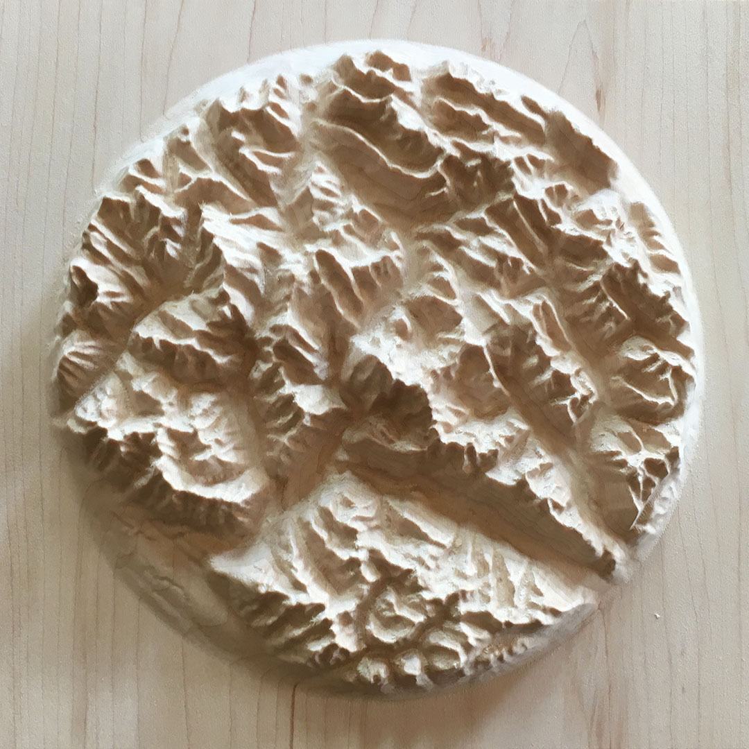 overview of three-dimensional wood-carved relief map of the Canadian Rockies around Mount Robson, British Columbia, Canada