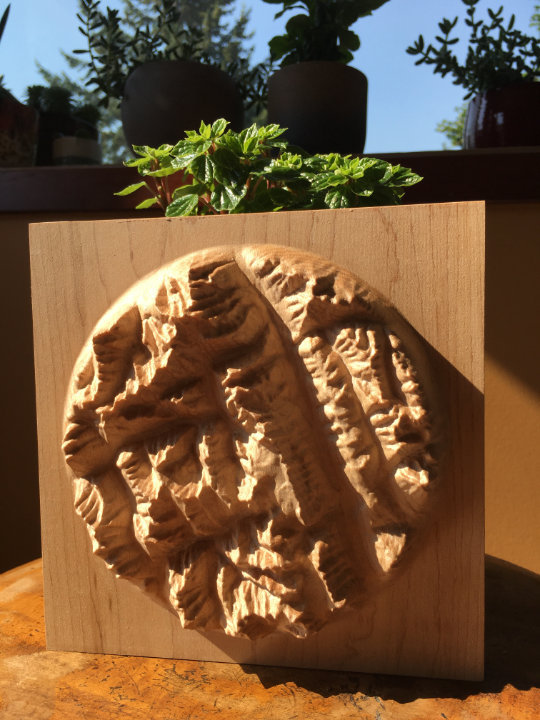 detail of three-dimensional wood-carved relief map of the mountains around Rogers Pass in Glacier National Park, British Columbia, Canada