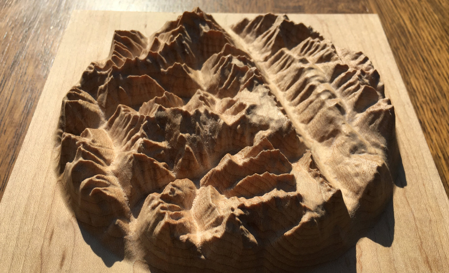 three-dimensional wood-carved relief map of the mountains around Rogers Pass in Glacier National Park, British Columbia, Canada