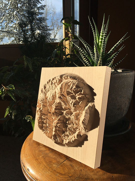 detail of three-dimensional wood-carved relief map of the mountains of the Rossland Range in the Kootenays, British Columbia, Canada