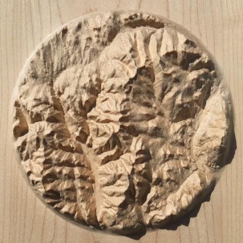 preview of three-dimensional wood-carved relief map of the mountains of the Rossland Range in the Kootenays, British Columbia, Canada