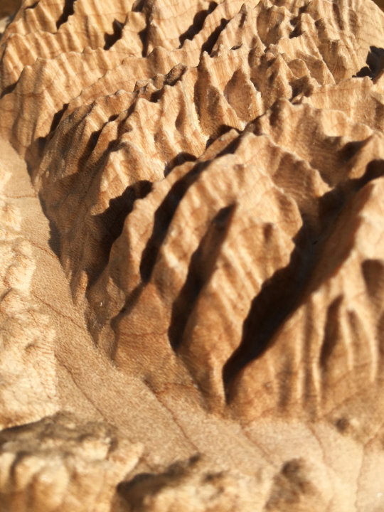 detail of three-dimensional wood-carved relief map of the mountains of Valhalla in the Kootenays, British Columbia, Canada