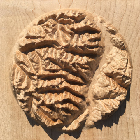 preview of three-dimensional wood-carved relief map of the mountains of Valhalla in the Kootenays, British Columbia, Canada
