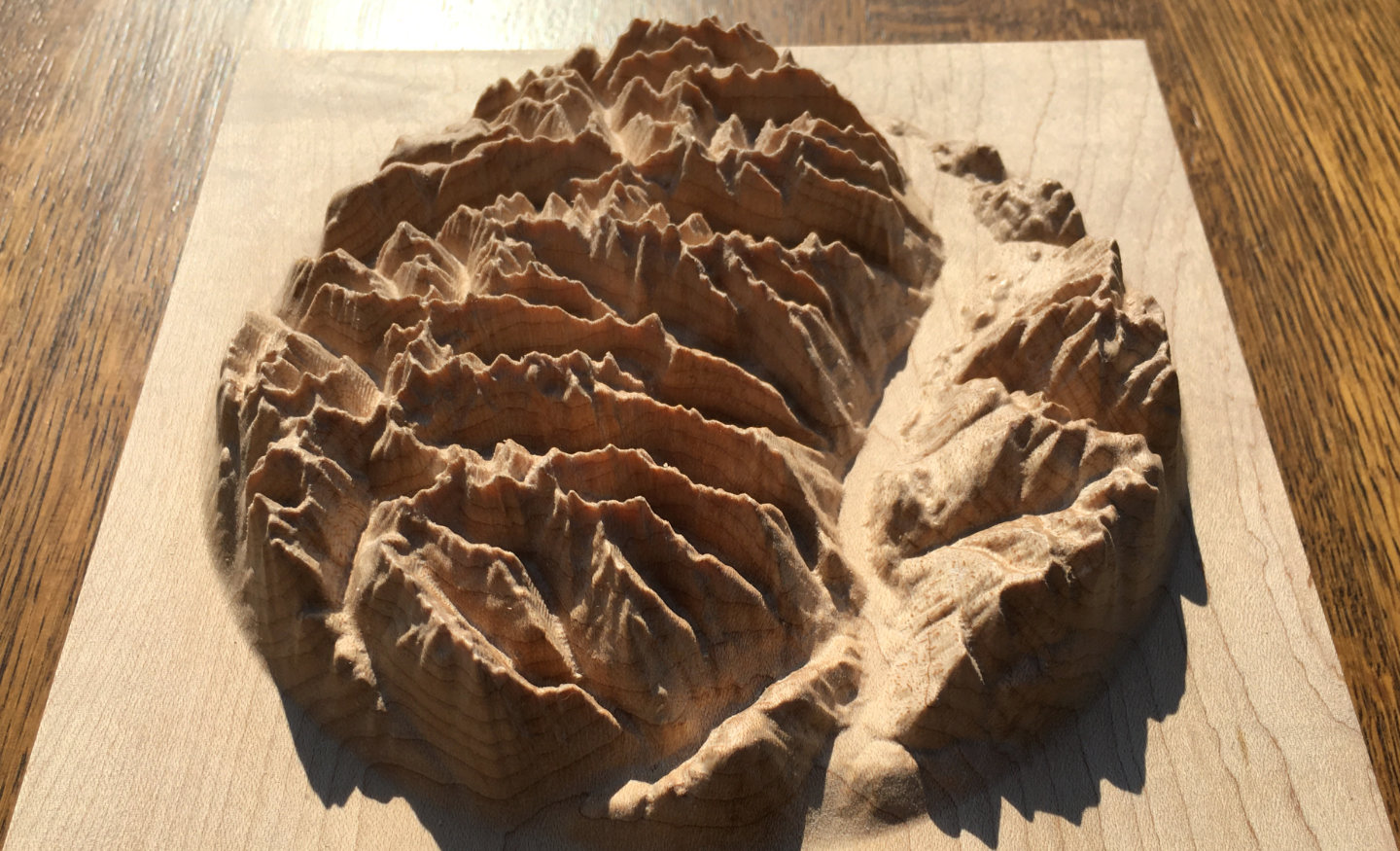 three-dimensional wood-carved relief map of the mountains of Valhalla in the Kootenays, British Columbia, Canada