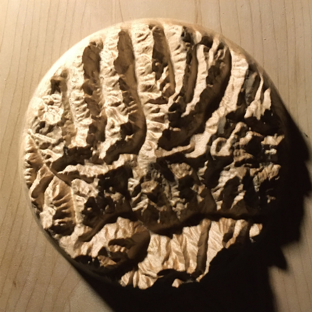 overview of three-dimensional wood-carved relief map of the San Juan Mountains around Uncompahgre Peak, Colorado, United States
