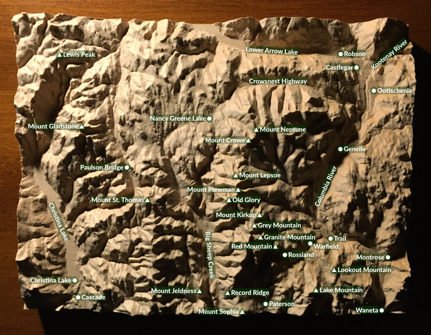 key to three-dimensional wood-carved relief map of the mountains of the Rossland Range in the Kootenays, British Columbia, Canada