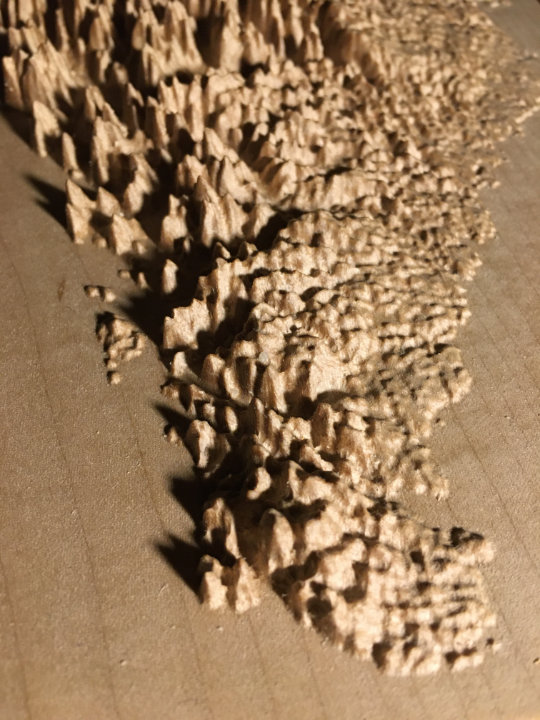 detail of three-dimensional wood-carved relief map of the Torngat Mountains, Labrador, Canada