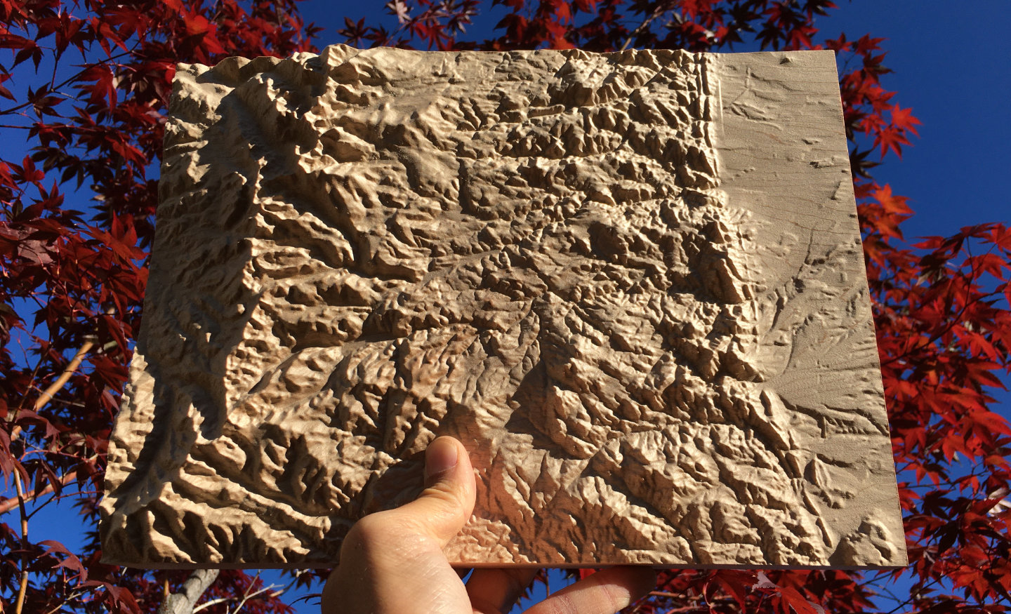 three-dimensional wood-carved relief map of the Rocky Mountains near Boulder, Colorado, United States