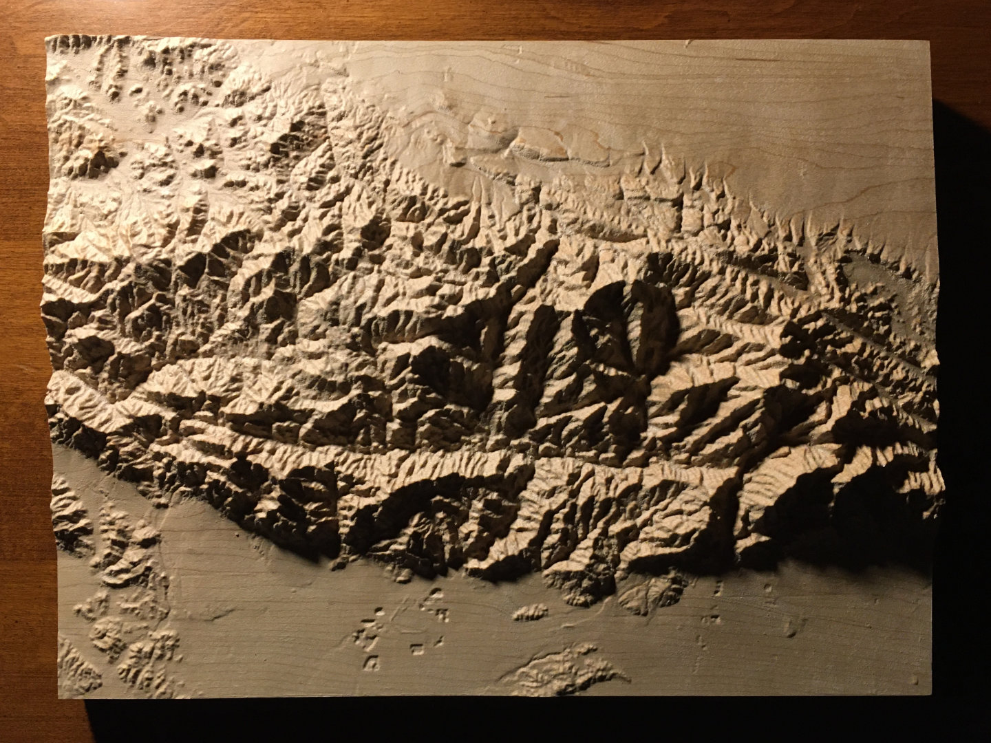 key to three-dimensional wood-carved relief map of the San Gabriel Mountains in Los Angeles County and San Bernardino County, California, United States