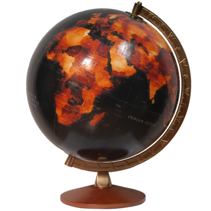 Dark Fire globe from Cosmic Globes, showing Africa and Asia with a black and burnt brown design