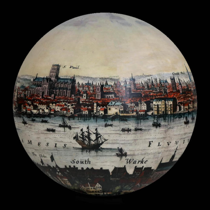 globe by Julia Forte showing Matthaus Merian's 1638 London vista