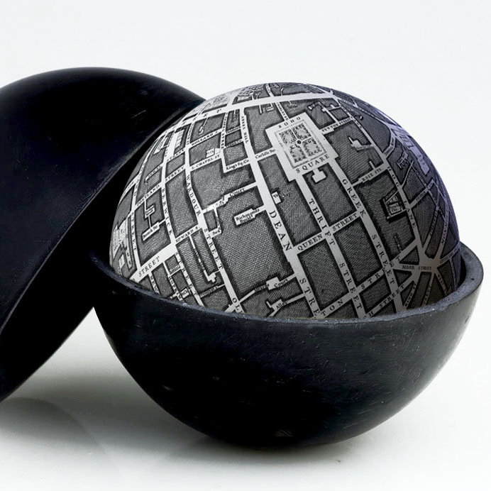 pocket globe by Julia Forte showing a 1746 John Rocque City of London map