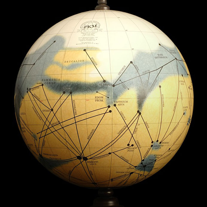 Mars globe from Planetenkugel Manufaktur based on Percival Lowell's map